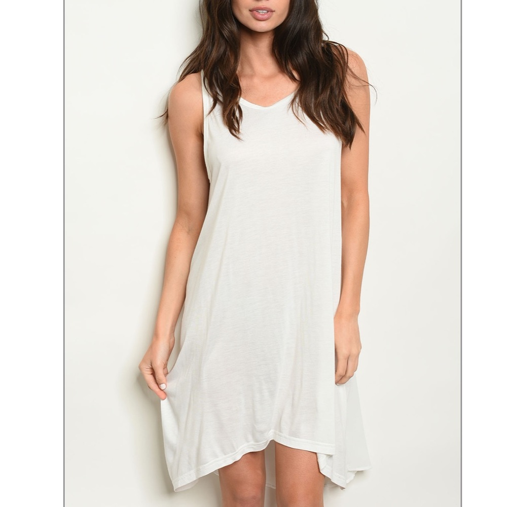 Basic white sleeveless tunic mini dress. Sheer back. Cute! Last one. Sz M